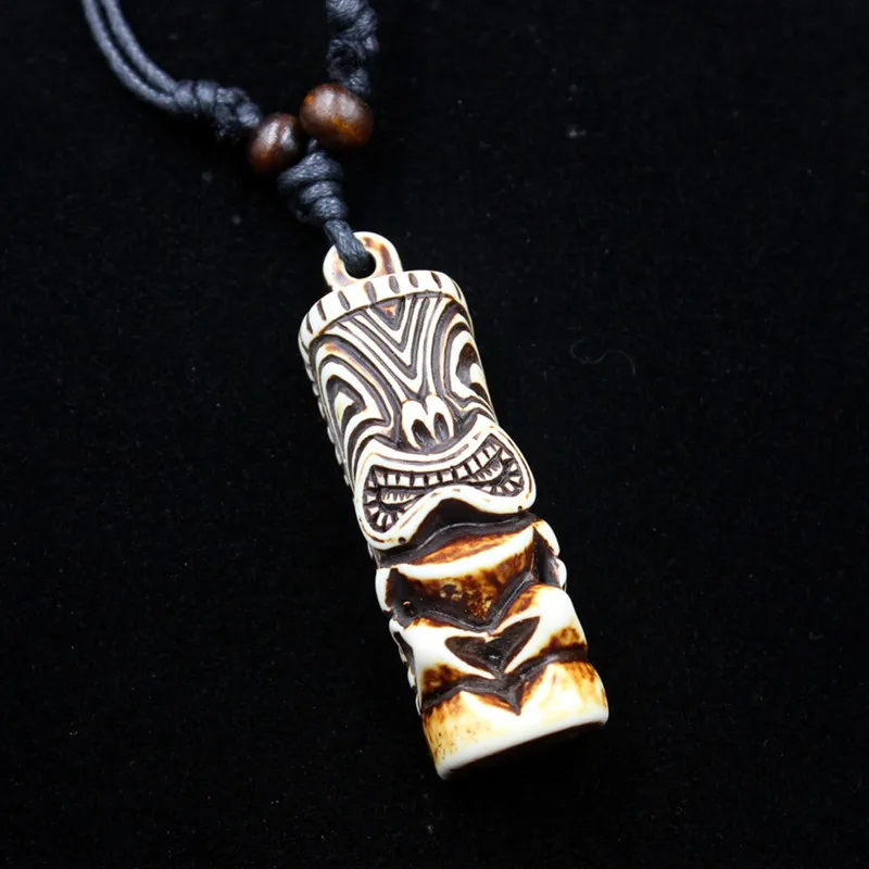 2024 Vintage Tiki Statue Pendant Necklace Acrylic Wood Bead Necklace Wax Rope Leather Necklace Jewelry for Boys Men