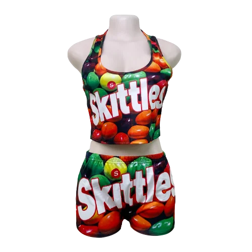 
Wholesale Custom Summer Yoga Gym Romper Biker Candy Two Piece Sexy Girls Shorts Skittle Booty Snack Woman Shorts Set 