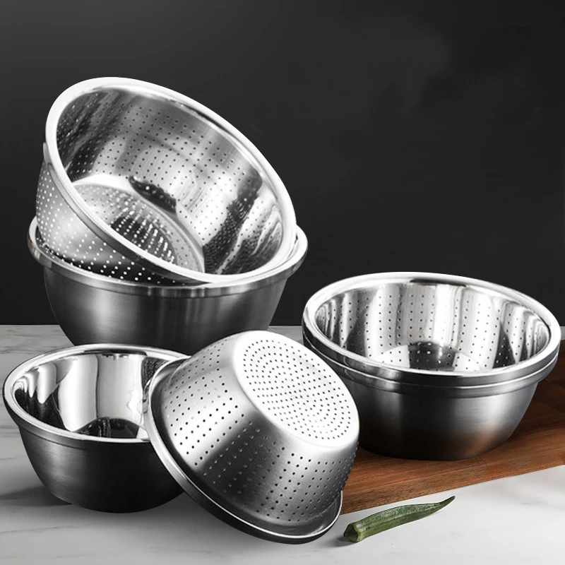 Various specifications of round stainless steel bowl rice sieve mixing basin vegetable basin washing rice basin set