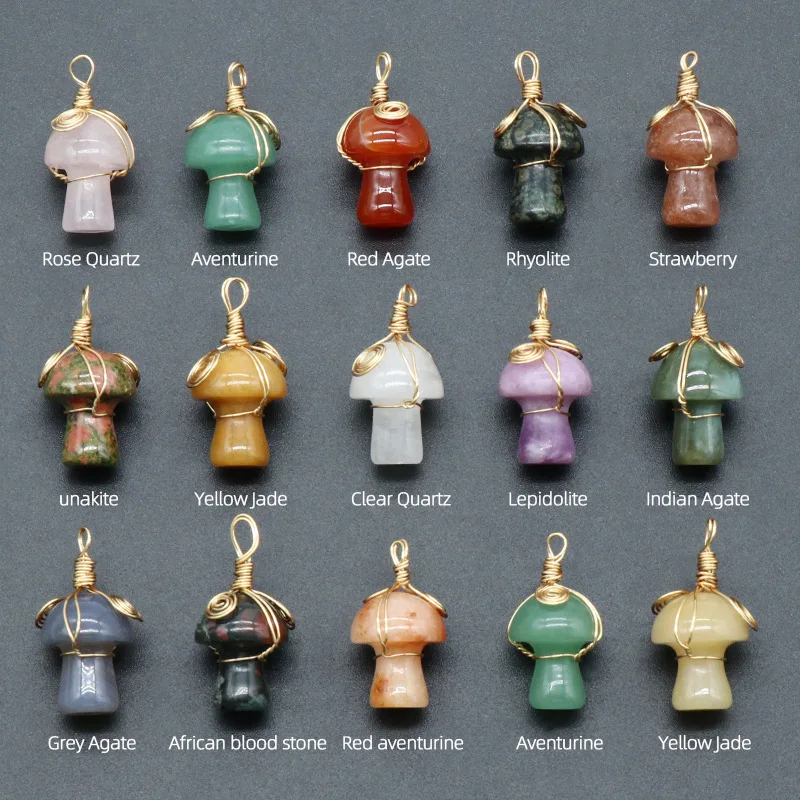 Natural Stone Cute Tiger Eye Stone Quartz Amethysts Leaf Mushroom Pendants for Jewelry Making Jade Buddha Pendant