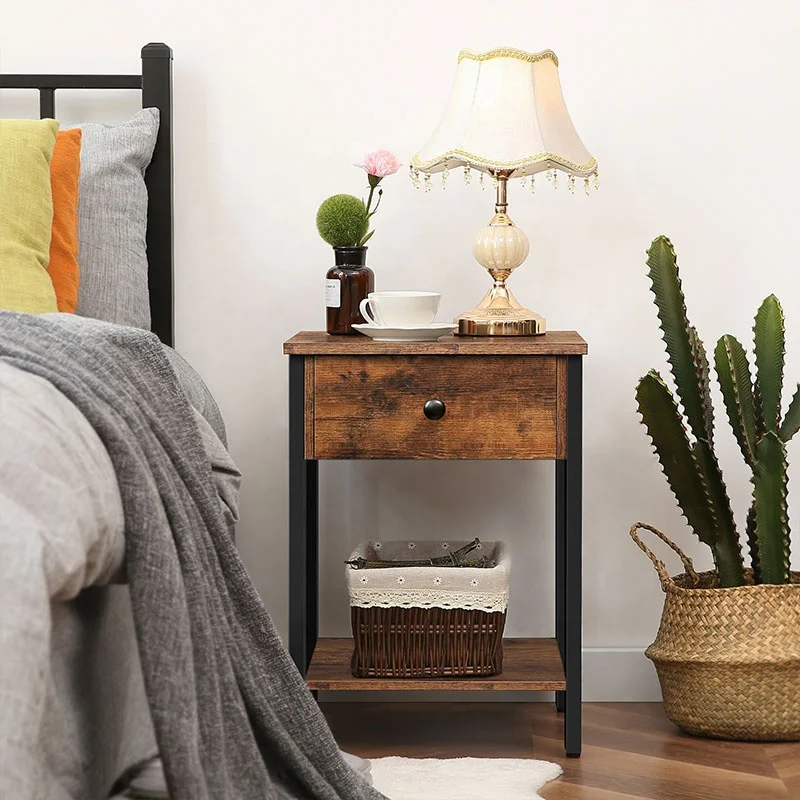 Bedside Table with drawer and storage shelf, dark wooden look Sofa end lamp table