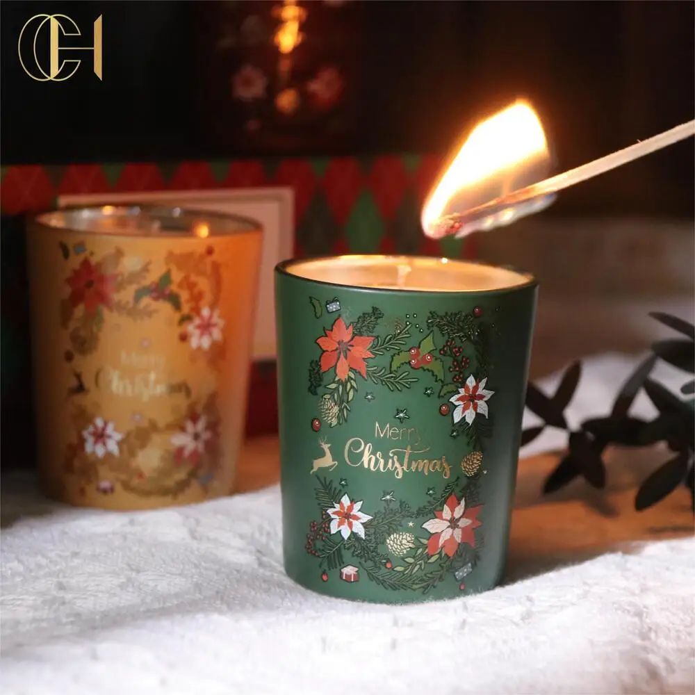 C&H Hot Sell Handmade Relaxing Christmas Gift Set Glass Red Green Fragrance Luxury Amethyst Soy Wax Scented Crystal Candles