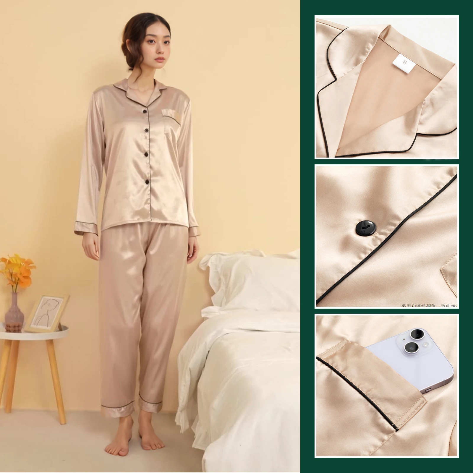 Factory Direct Sale Imitated Silk Satin Pajamas Set Long Sleeve Autumn Sleepwear Loungwear Two Piece Set Robes for Woman