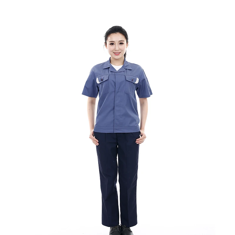 Оптовая продажа, дышащая светло-голубая Рабочая Рубашка, летние Рабочие Рубашки с коротким рукавом, приталенная рабочая одежда, рубашка