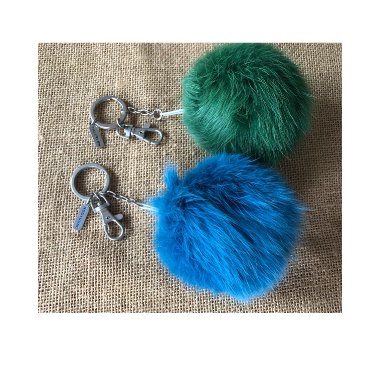 Modern customized Pom Pom Fur Ball Keychain With metal tags