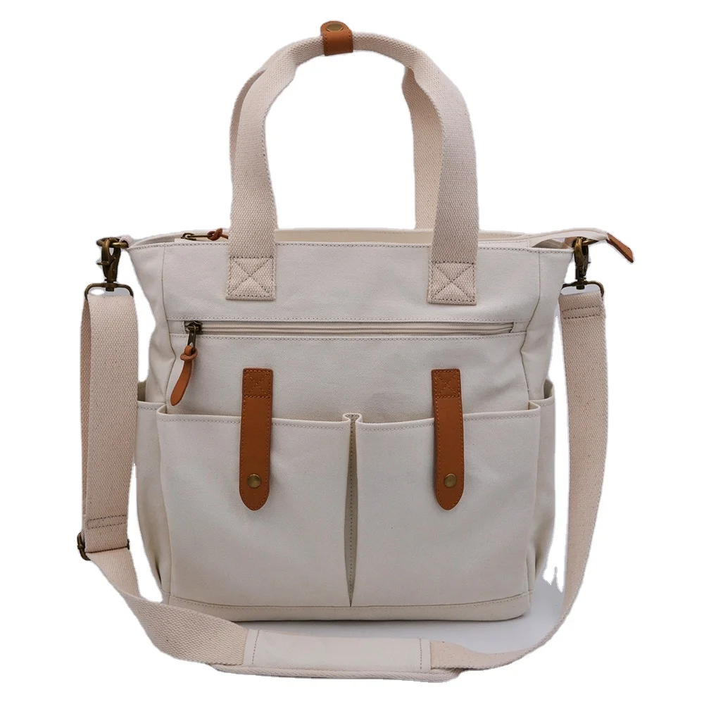 Stylish Hot Selling Big Capacity Mummy White Shoulder Leather Canvas Diaper Tote Bags with Changing Pad