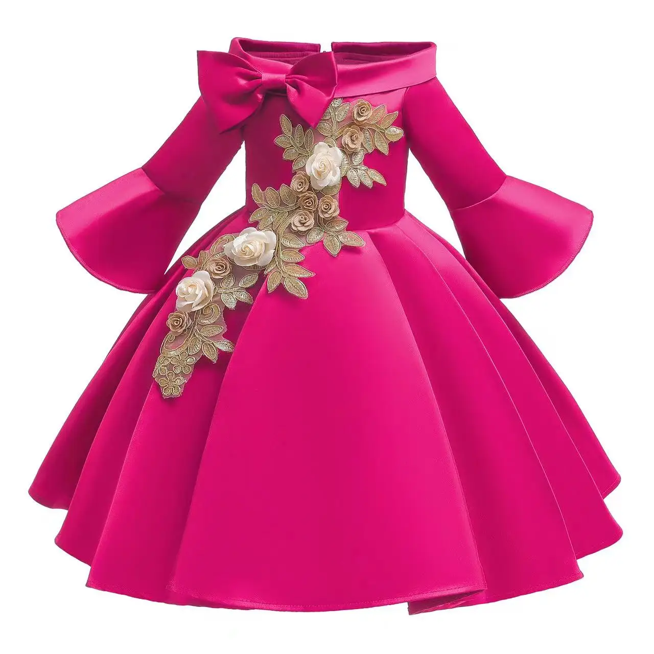 Factory Wholesale Price Long Sleeve Girls Evening Wedding Dresses Prom Kids Girl  Flower Dresses Pink