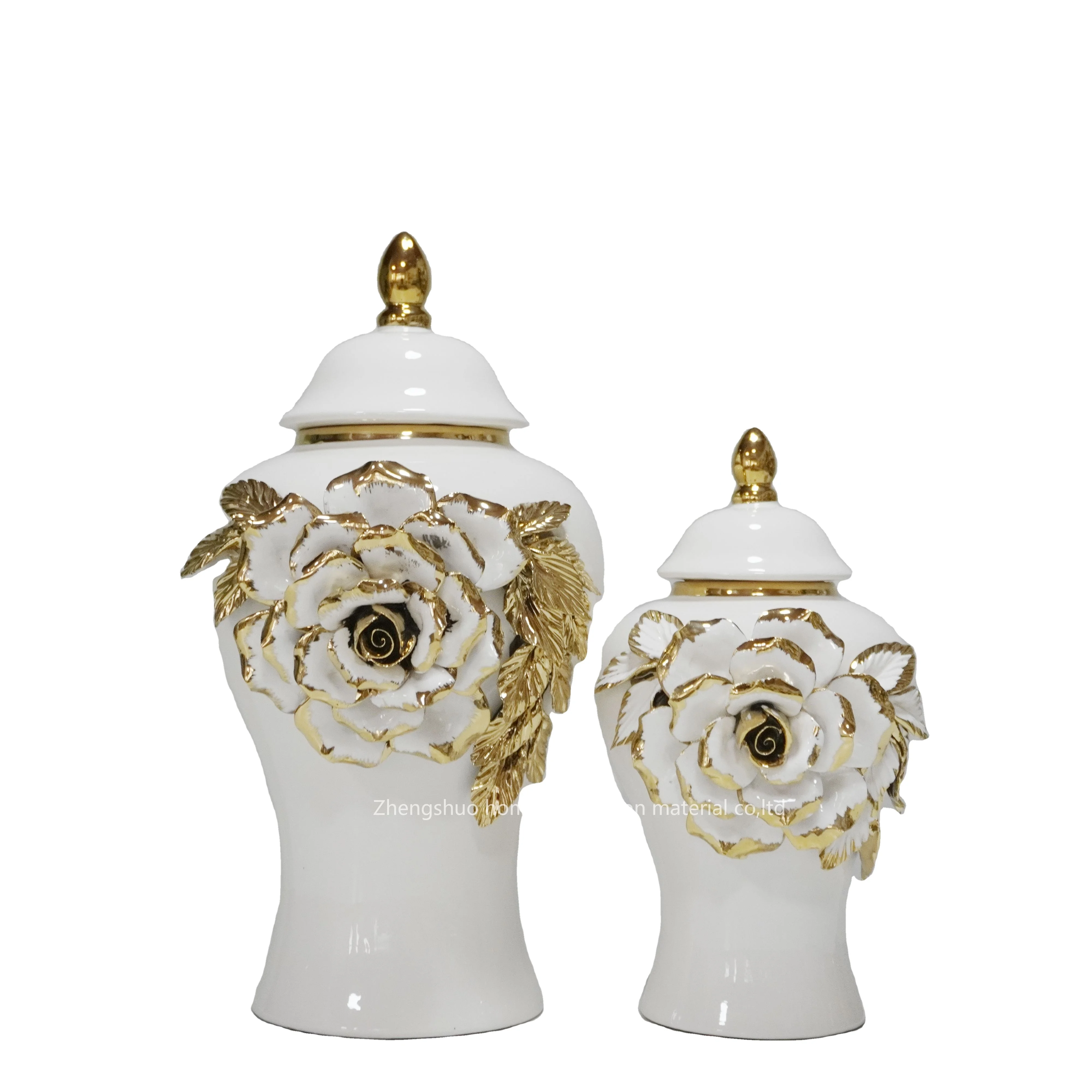 Wholesale ceramic decorative ginger jar white with golden wheat ears ceramic flower vase home decoration wedding decoration