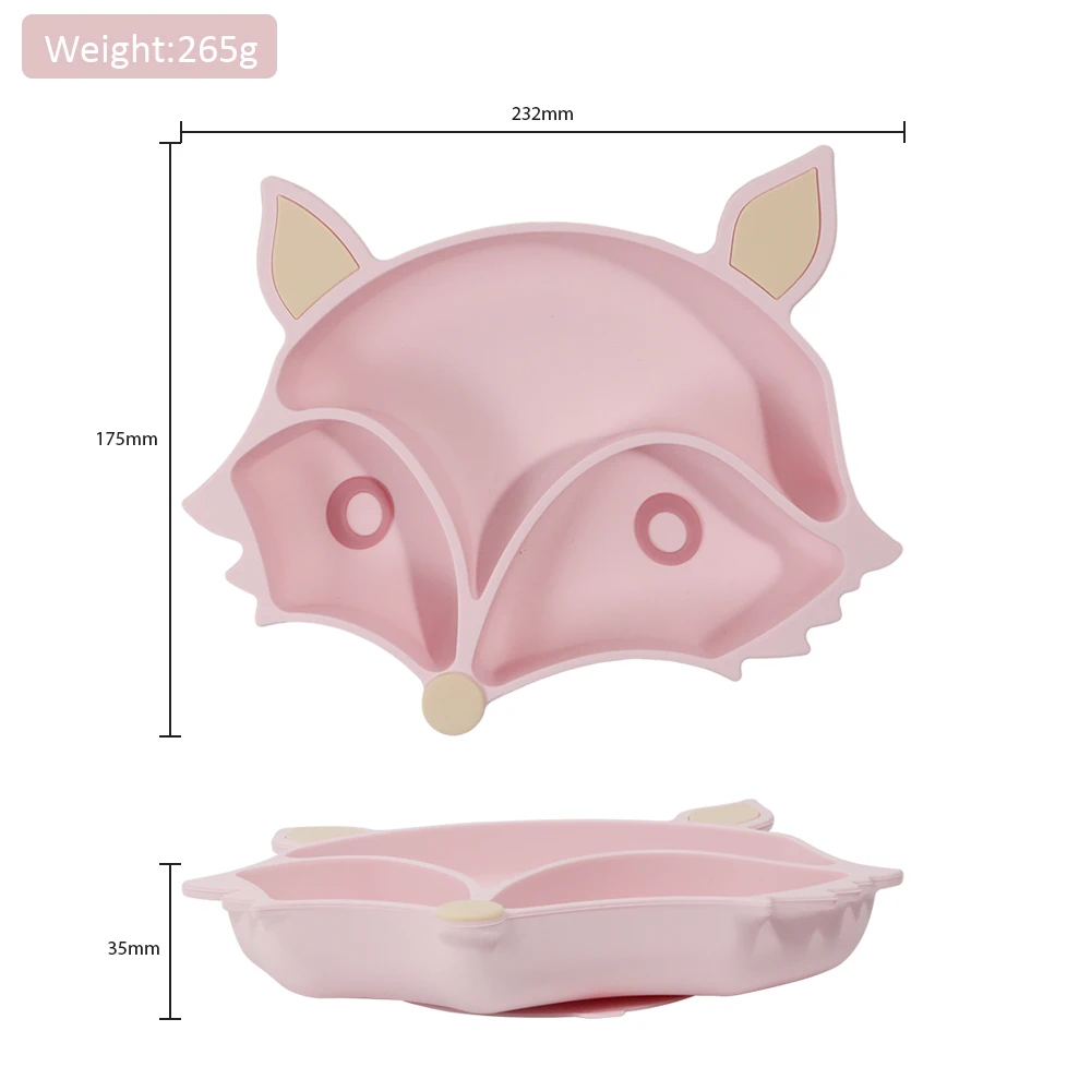 Fox Shape Spill-proof Silicone Cartoon Style Portion Plate Diet Training Baby Feeding Divided Plate Silicone Tableware Set
