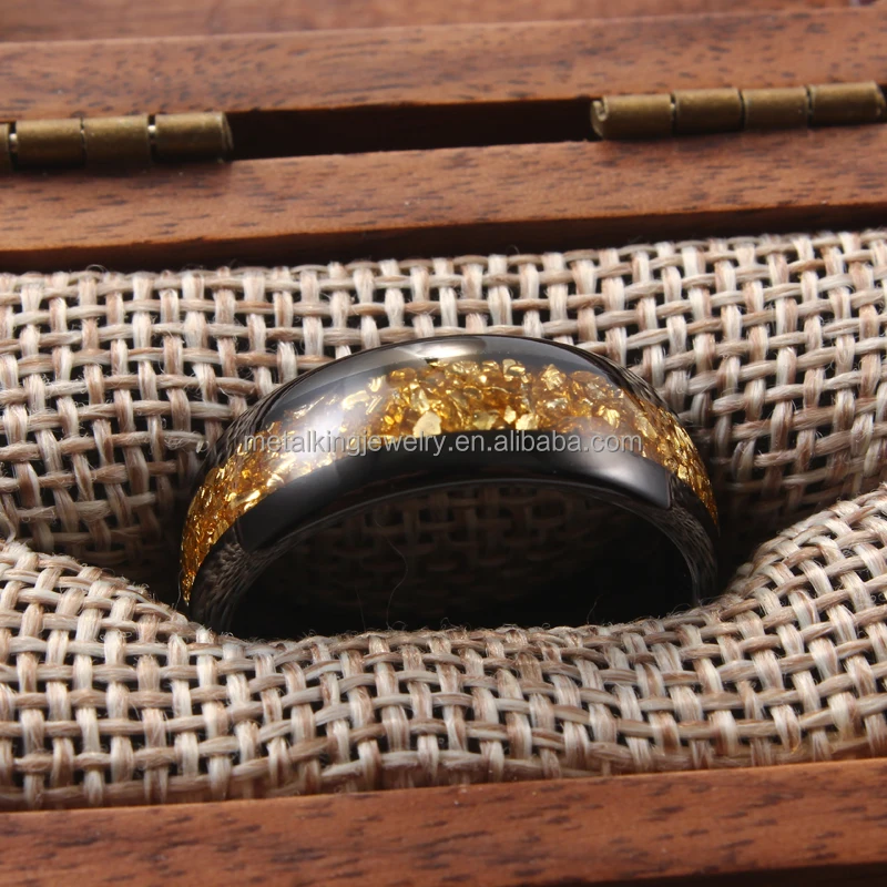 8mm Black Tungsten ring with Gold Germany Glass Stone Inlay, Dome Finished.