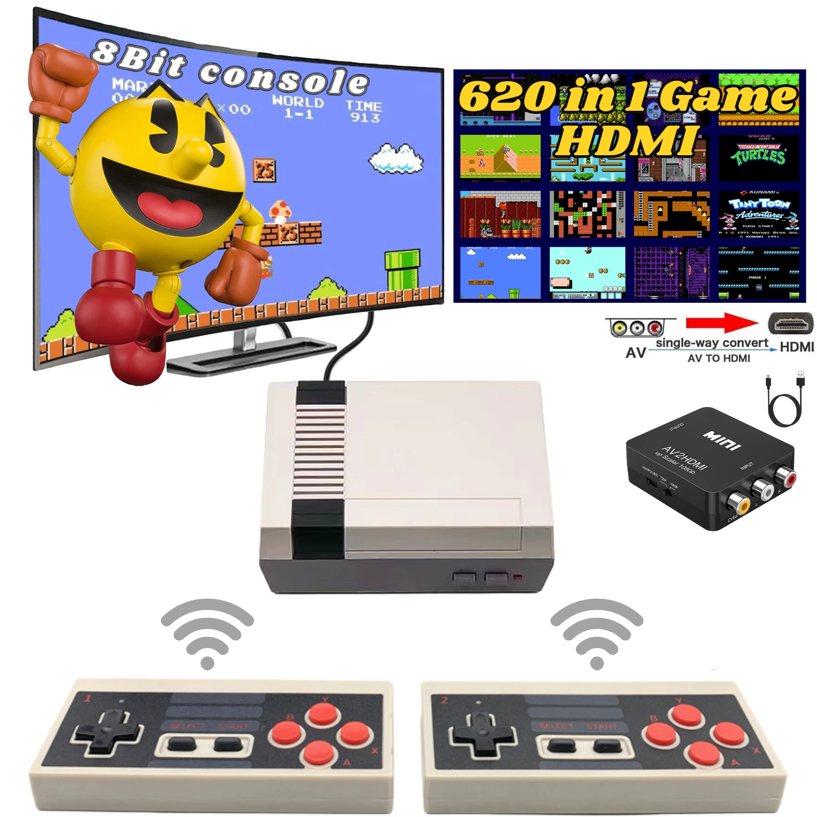 Classic Mini Retro Game Console Built 620 Video Games,AV and HDMI Output Handheld Game System with Dual Wireless Controllers