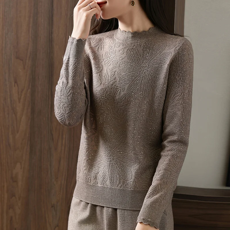 Bright Silk Sunflower Diamond Lace Collar Small Shirt 24 Autumn and Winter New Worsted Wool Ladies Knitted Blouse