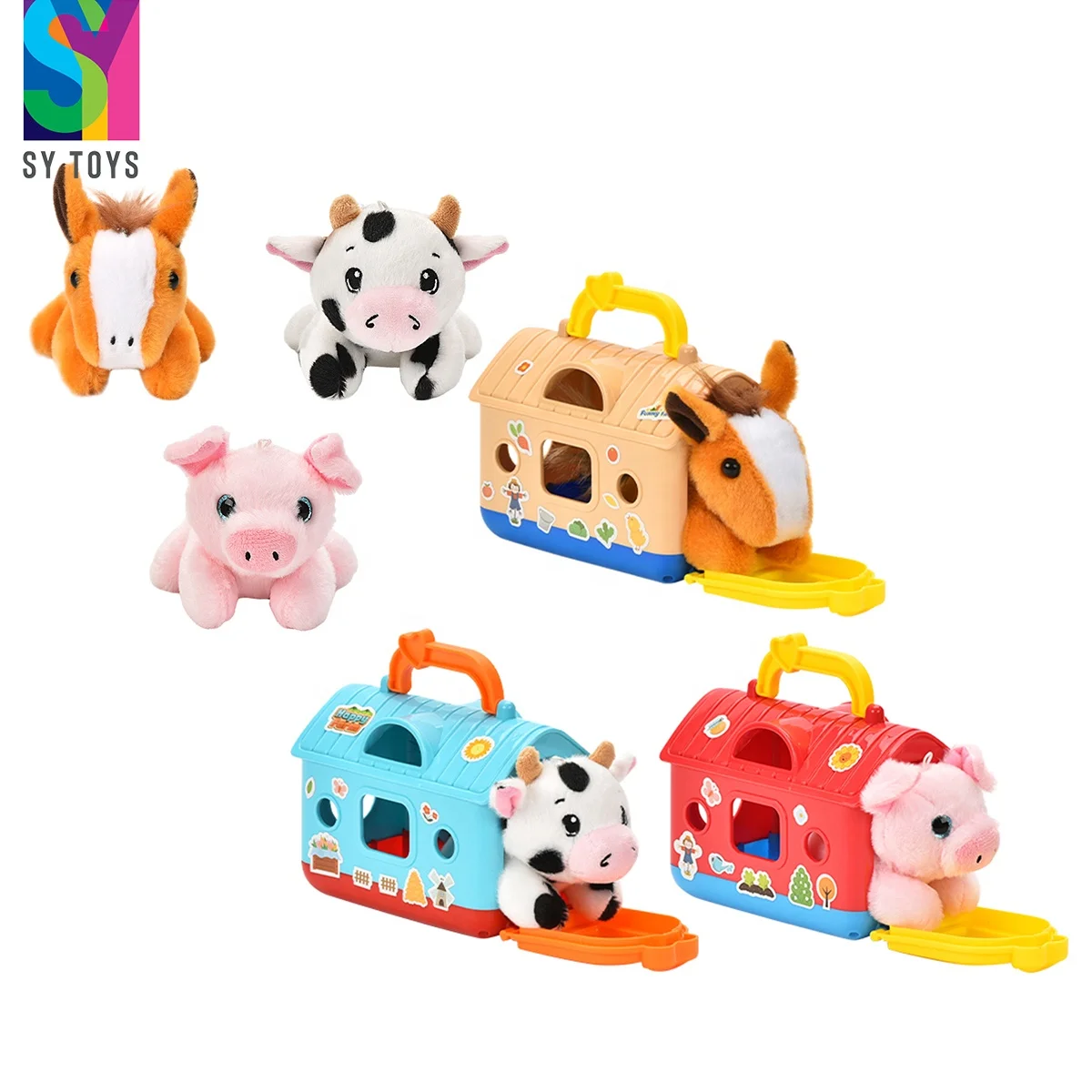 SY Preschool Pretend Play Pet Cage Toy Set Cute Plush Animals Pet Toys Simulated Stuffed Toy Set
