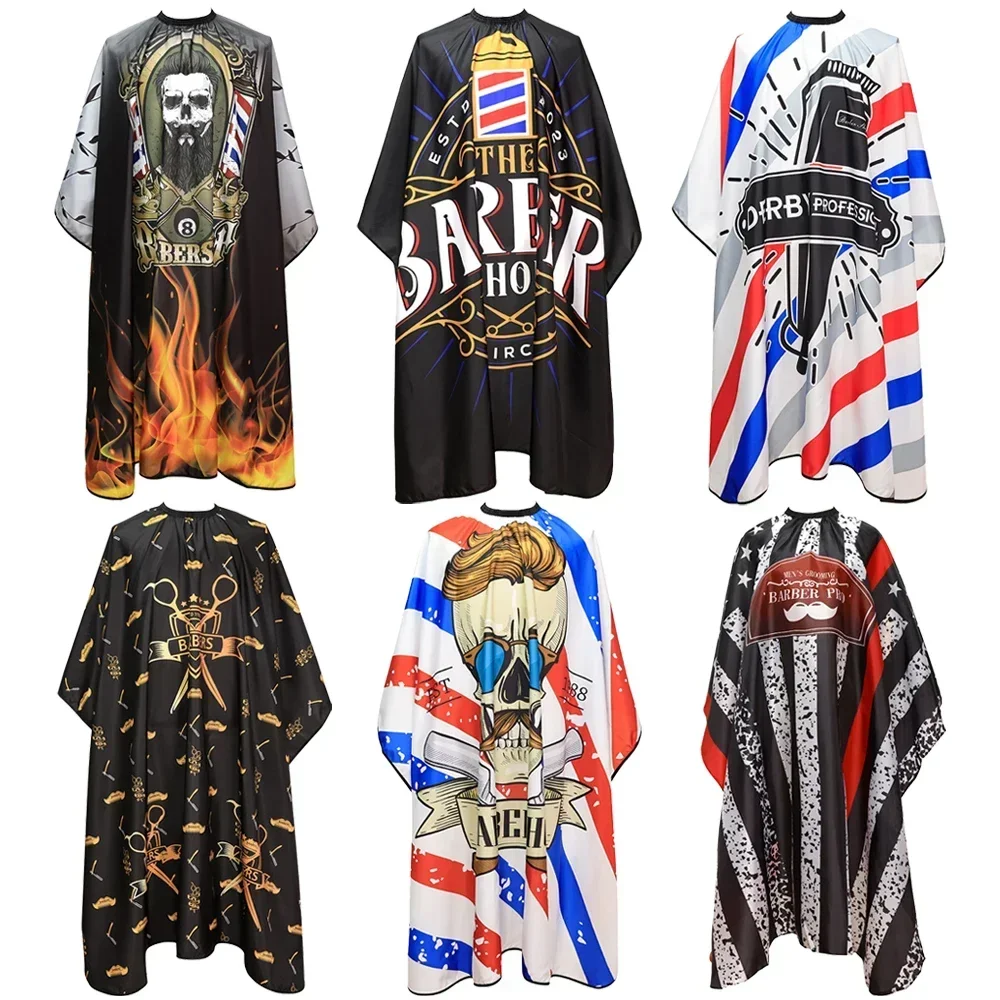 Barbershop Classics Pattern Polyester Hairdresser Waterproof Cloth Gown Elastic Metal Hook Hair Salon Cutting Barber Capes