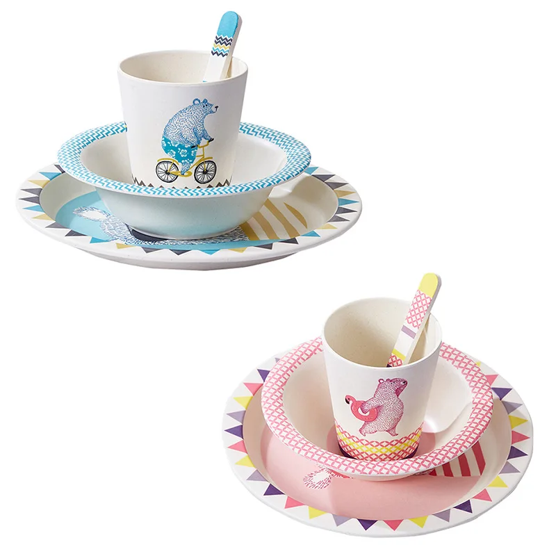Recycled Plastic rPET Kids Dinnerware Set Includes Plate, Bowl, Tumbler and Utensil Tableware 5 Piece Set, Non-BPA