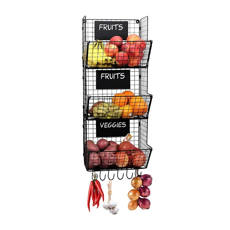 YRMT High Quality Black Iron Mesh Metal Wire Fruit Basket 3 Tiers Foldable Hanging Fruit Basket for Kitchen