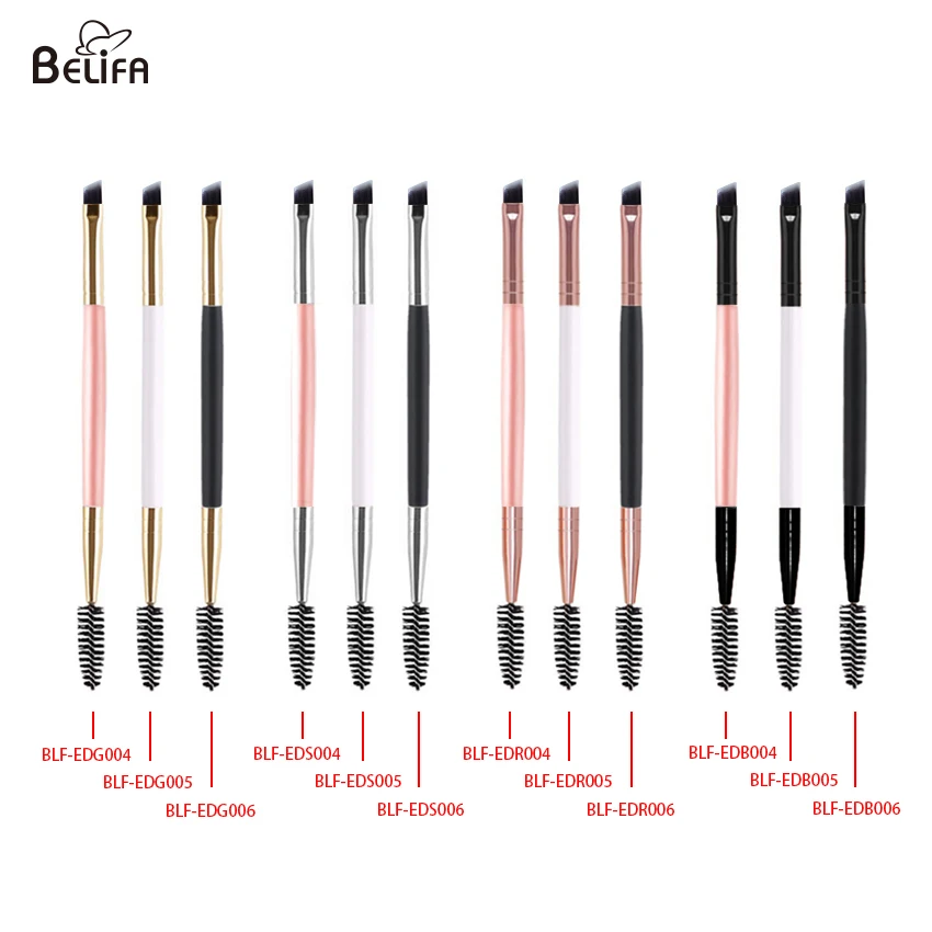 Belifa private label  rose gold silver black double end head mascara eye angled eyebrow wand and eyelash spoolie makeup brush