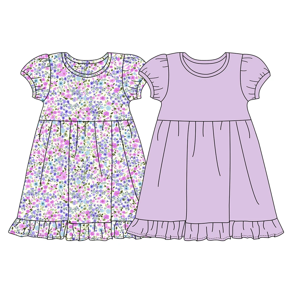 Wholesale Kids flower print 100% cotton puff sleeve little girls clothes causal dresses