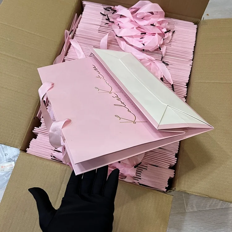 PINK hair bags for bundles pink Top Quality Luxury White Foldable Paper Shopping Bag Custom Logo