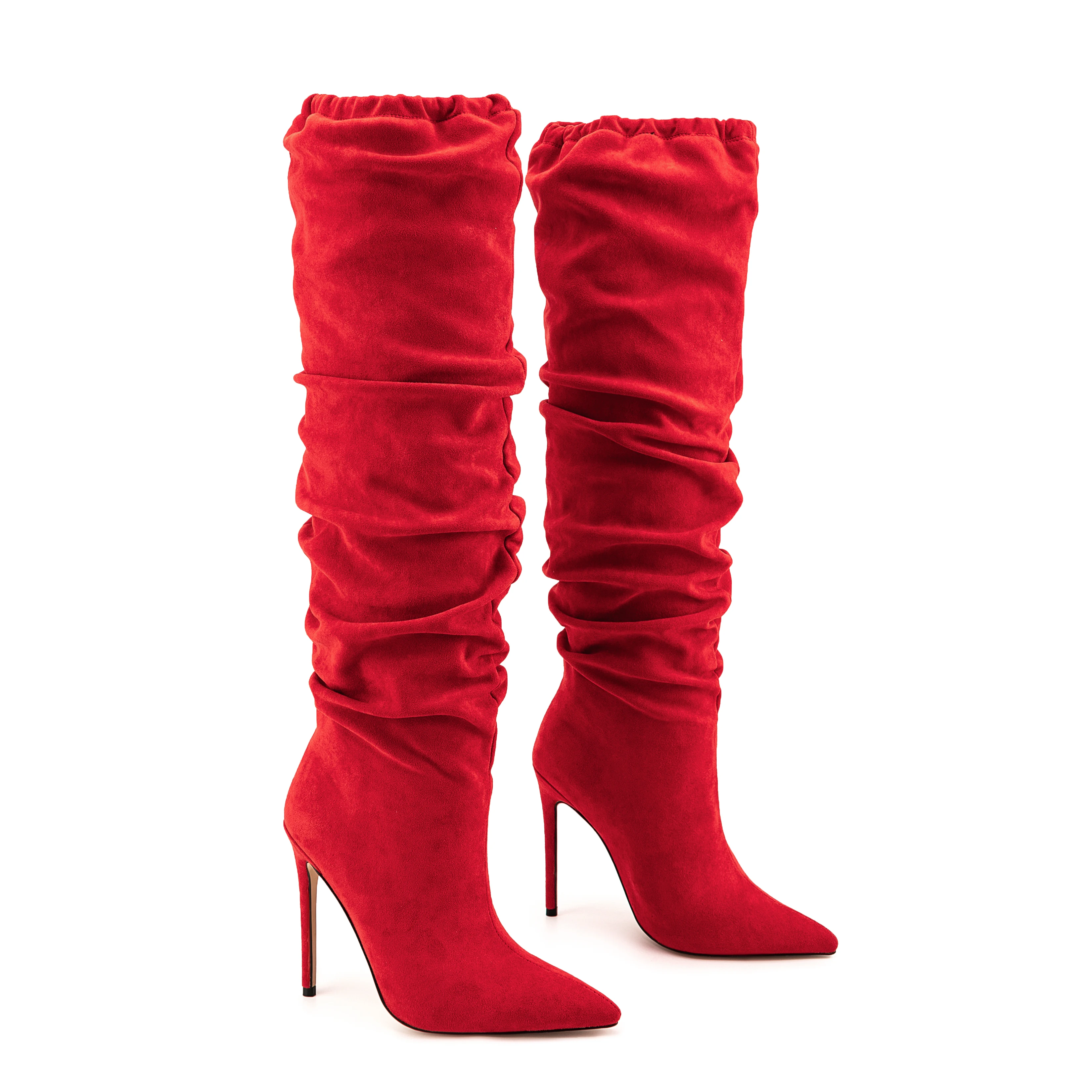 Sexy Point Toe Wide Shaft Stiletto Heels Women Royal Blue Faux Suede Fashion Winter Ruched Knee High Boots