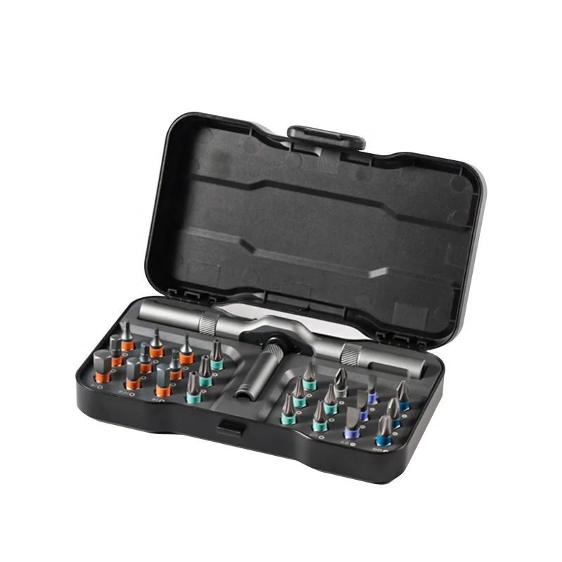 24pc Mini Offset Reversible Drive Multi Hex Bits Right Angle EDC Tool with 90 Degree Ratchet Wrench Quarters Screwdriver Set