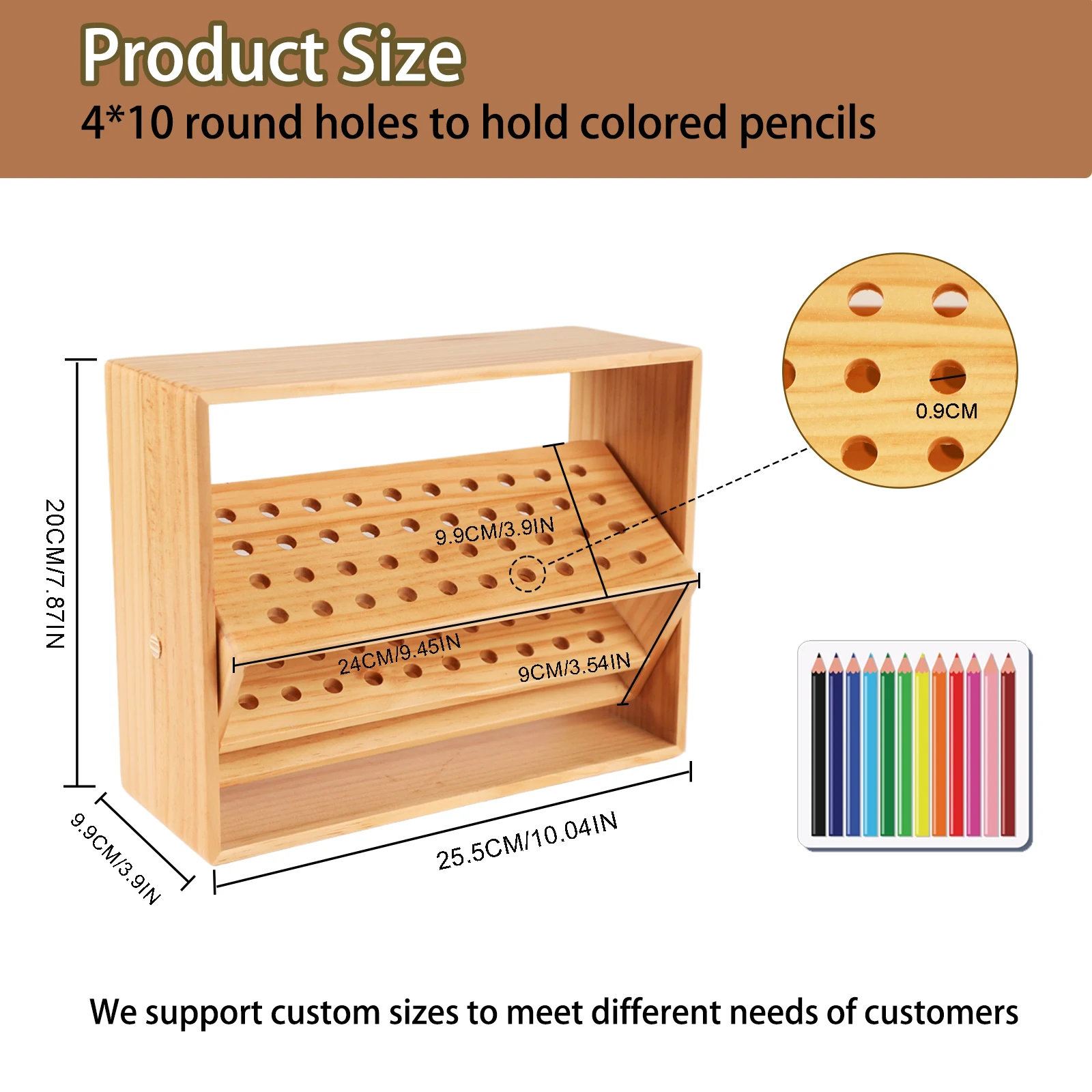 Wooden Pen Organizer Desk Pen Holder Tabletop Stationery Storage 4*10 round holes can hold 40 colored pencils