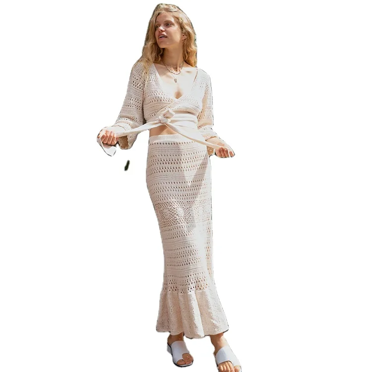 FYB Knitted sexy top high-rise maxi skirt crochet hollow out women whole white skirt Set