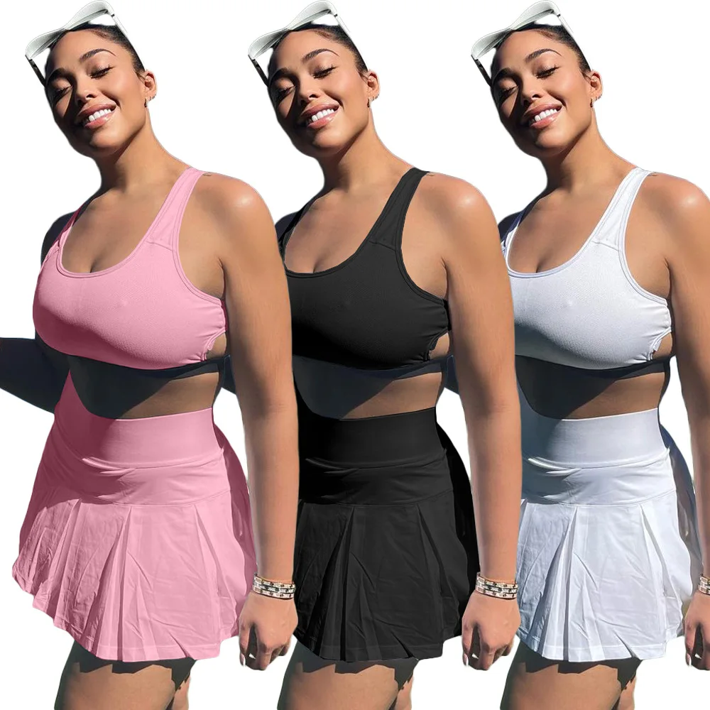 S-2XL 2022 summer women wear solid color jogger short tennis dress set Two Piece Jersey Dresses Sets