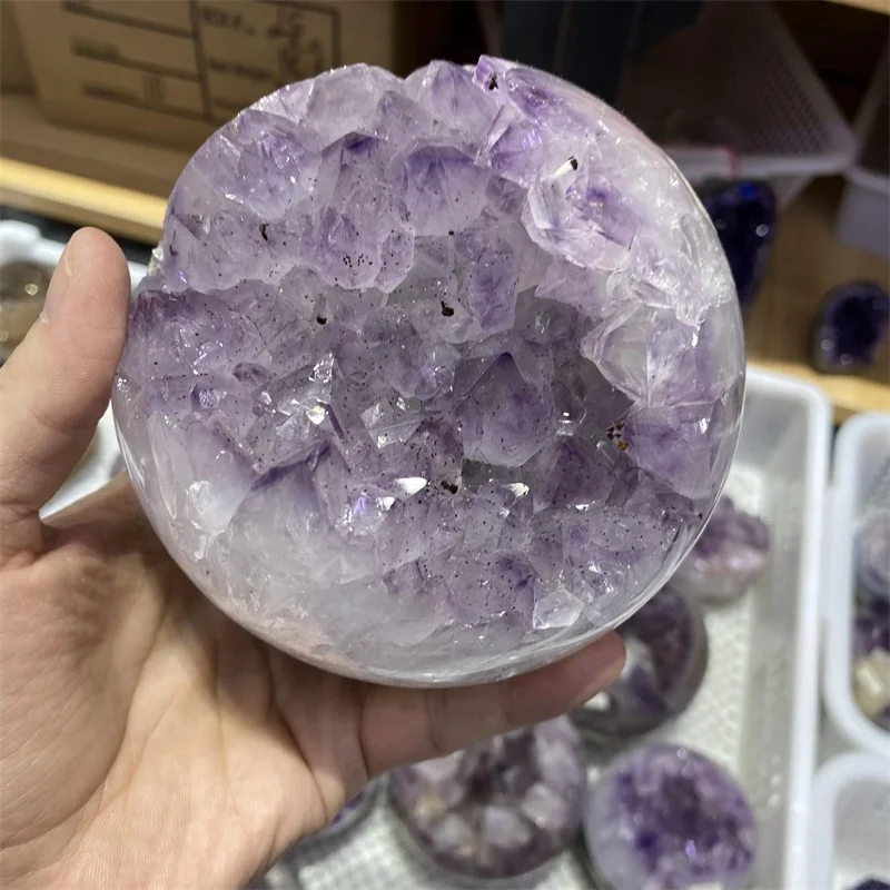 Large amethyst sphere Geode with open smile agate symbiosis crystal cluster ball for fengshui Ornaments healing crystals