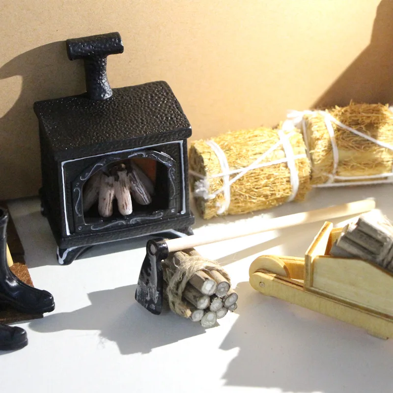 Dollhouse Doll house firewood winter suit LED fireplace mini straw bag BJD mini trolley