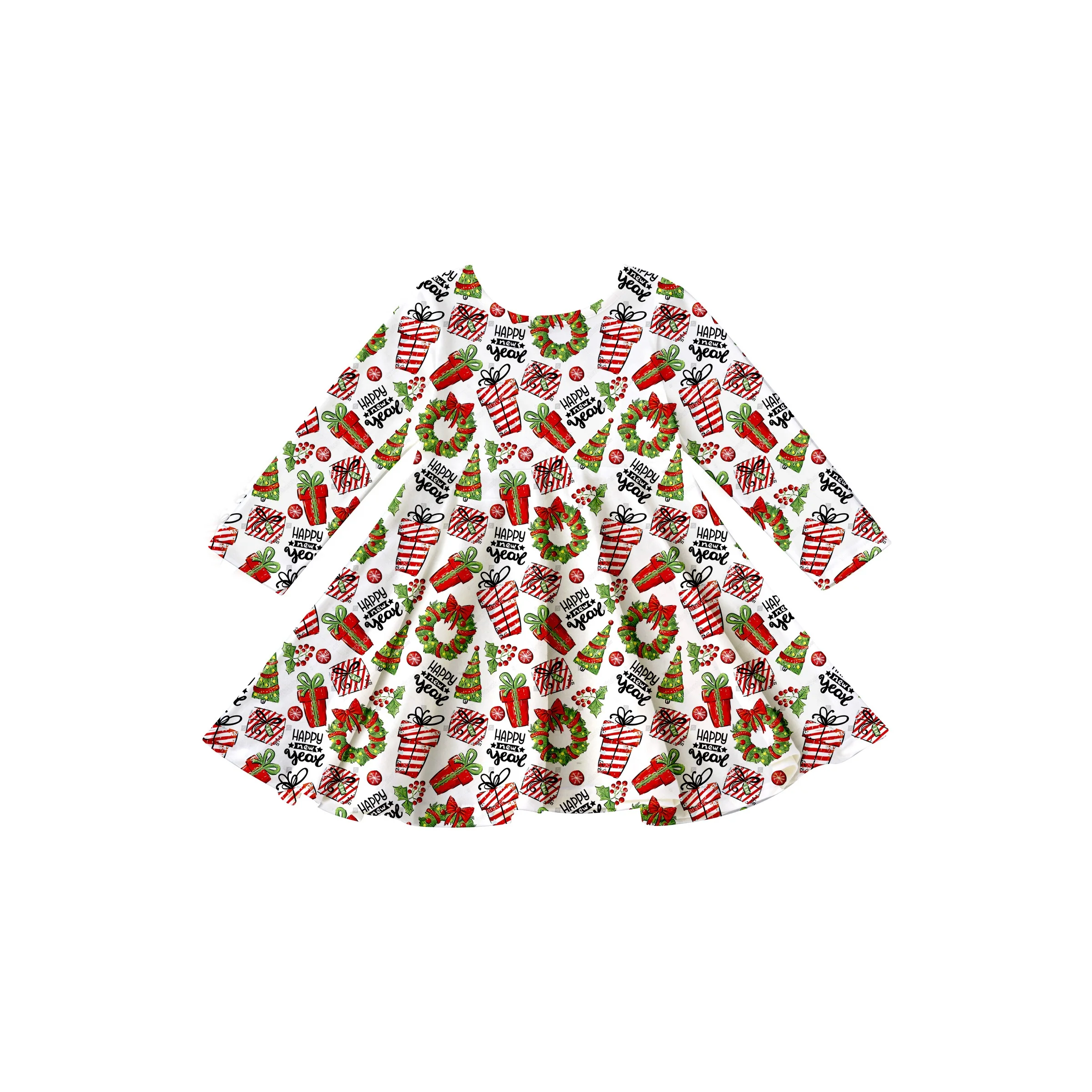 GIrlymax 2022 Christmas Winter Gingerbread trees candy cane Long Sleeve Knee Length Baby Girls Twirl Dresses