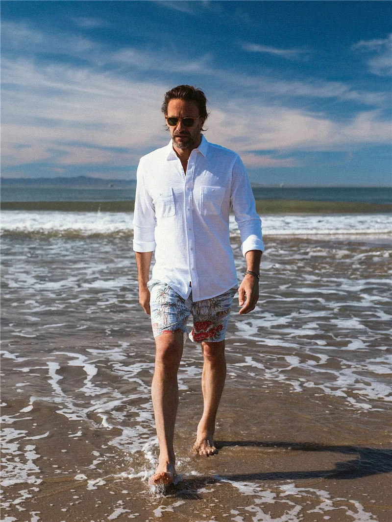 Wholesale Custom Men Long Sleeve Chest Pockets Button Front 100%Cotton Linen Beach Shirts in White