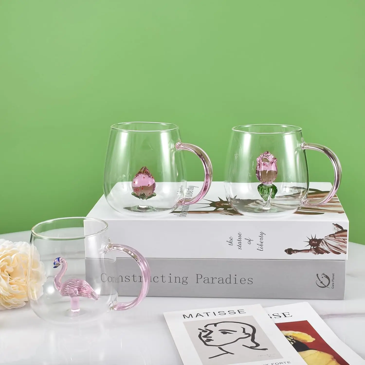 Creative Borosilicate Glass Water Cups With 3D Rose Flower Drinking Glass Mugs Cute Ice Coffee Cup Juice Drinkware With Handle