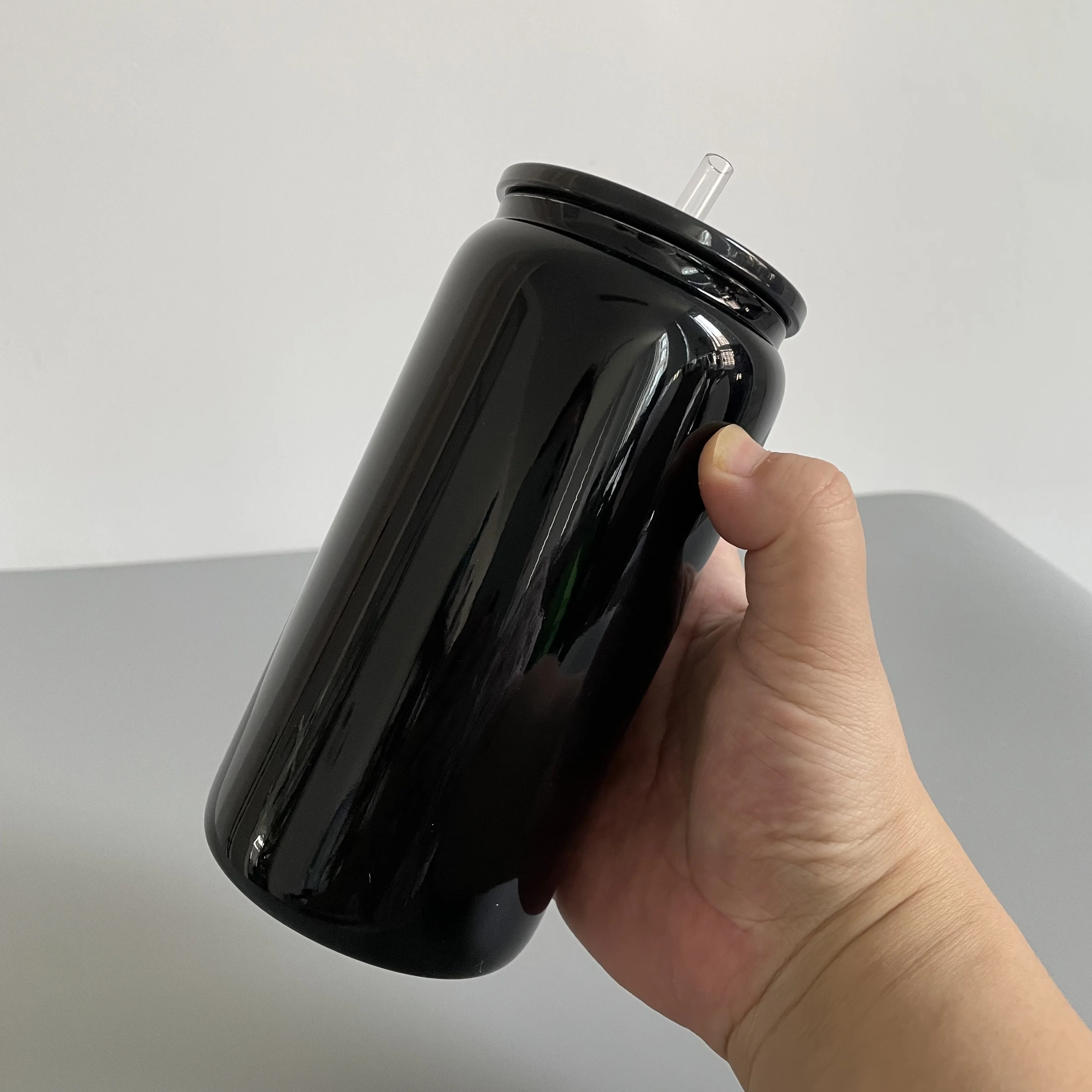 wholesale solid glossy black borosilicate 16oz beer glass can glass soda can 16oz black glass can for UV DTF wraps vinyl