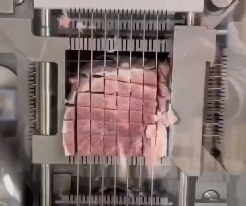 Good Cubes Output Fresh and Frozen Chicken Meat Banana Fruit Dicing Cutting Machine with Discharging Belt Conveyor