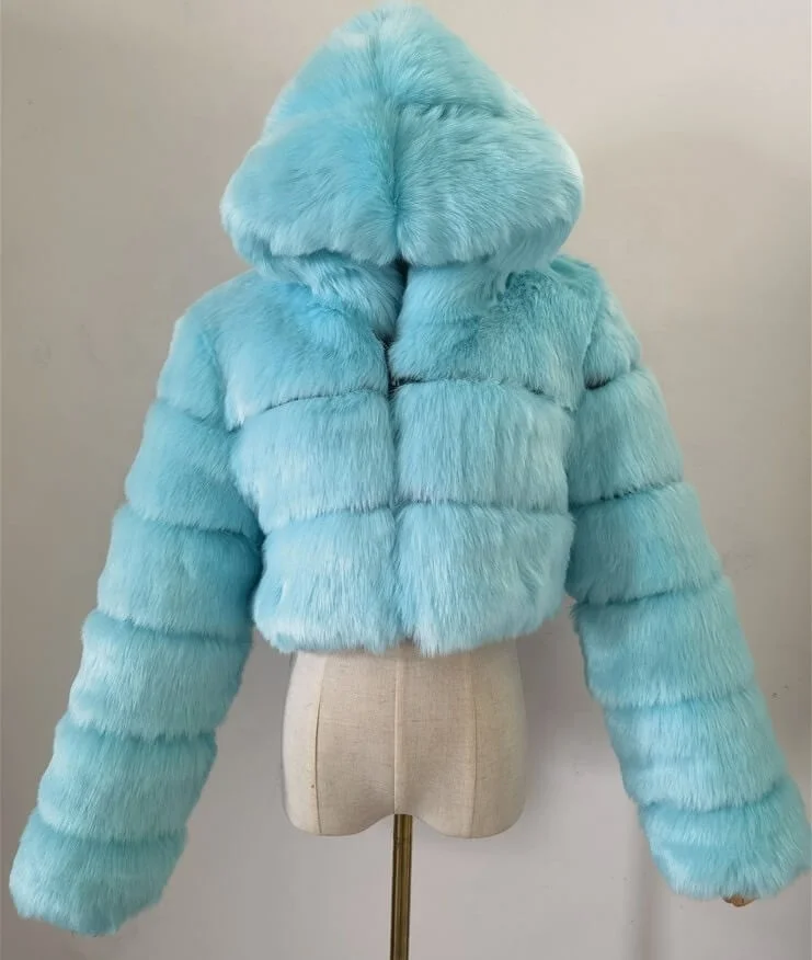 Cropped Winter Coat Jacket Women Faux Fox Fur Coat With Hood Fashion Short Style Fake Fur Coat For Lady
