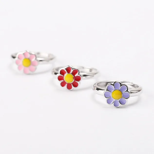 Custom Colorful Enamel Flower Children Adjustable Rings Jewelry Cheap Mini 925 Sterling Silver Jewelry for Kids Gift