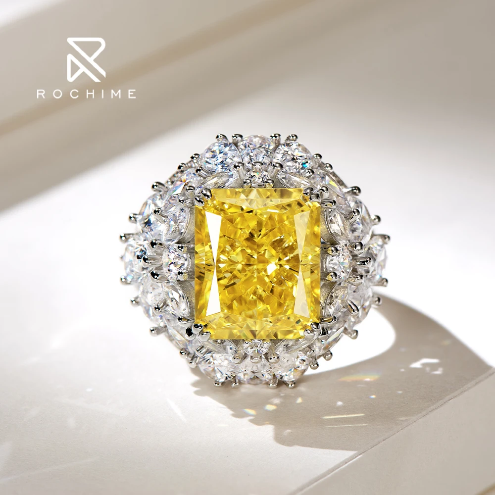 Rochime luxury  yellow gemstone cz diamond rings 925 sterling silver gold plated 5a zircon high quality fine jewelry trendy ring