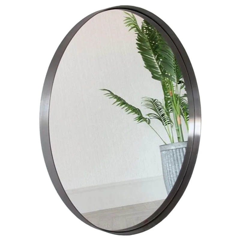 
Round decorative grey metal framed wall mirror with recessed design 