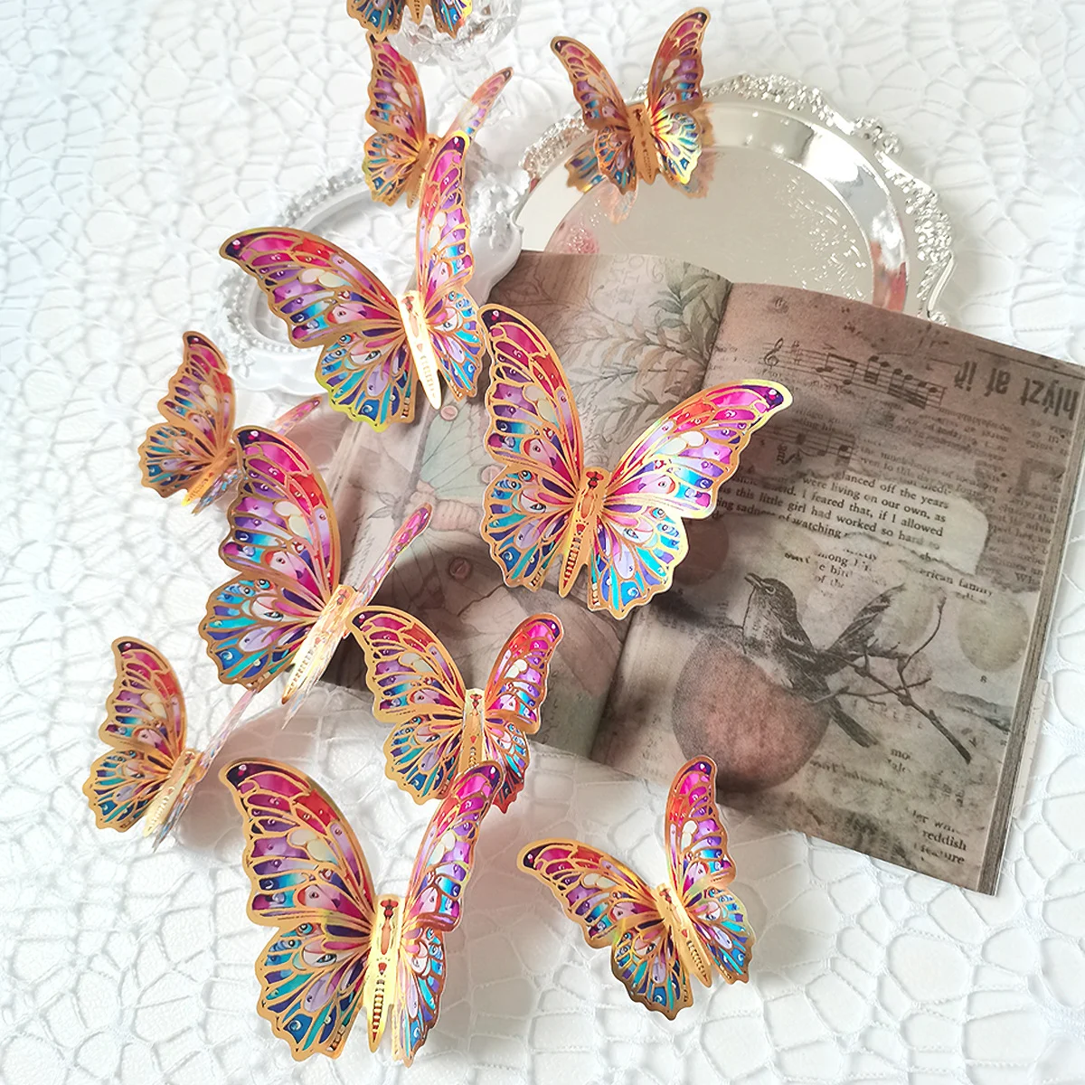 12pcs 3D three-dimensional colorful silver butterfly stickers wedding festival party balloon decoration wall stickers
