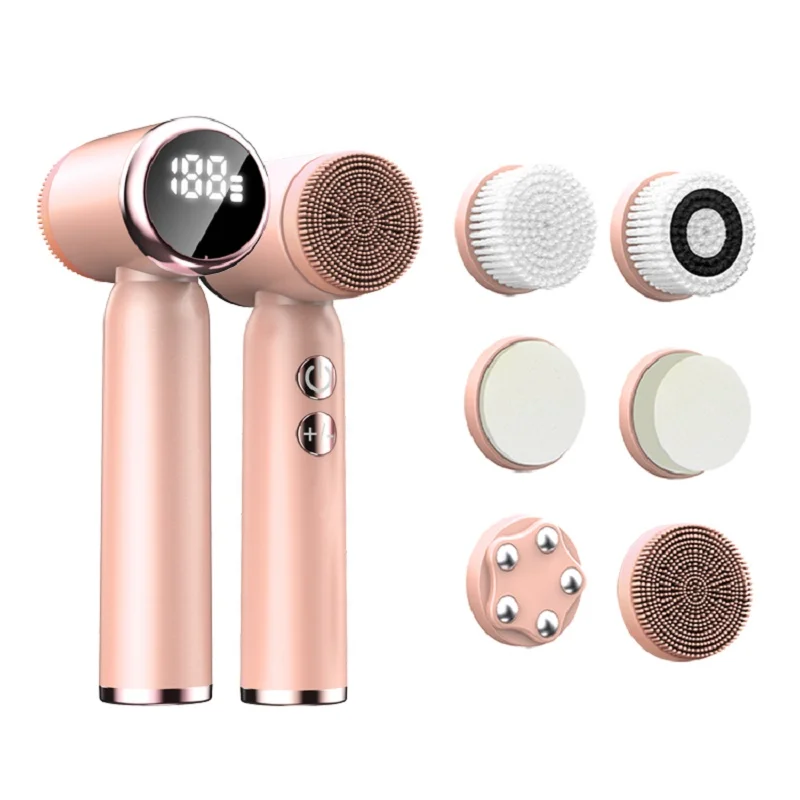 Hot Sell Facial Cleaning Brush Waterproof Pore Cleanser Spin Roller Sonic Massager Silicone Electric Face Brush Cleanser 6 in 1