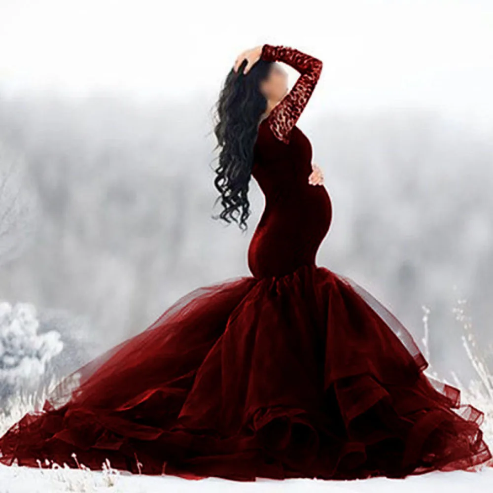 Элегантное приталенное платье для беременных с открытыми плечами длинным рукавом хвостом Макси фотосессии