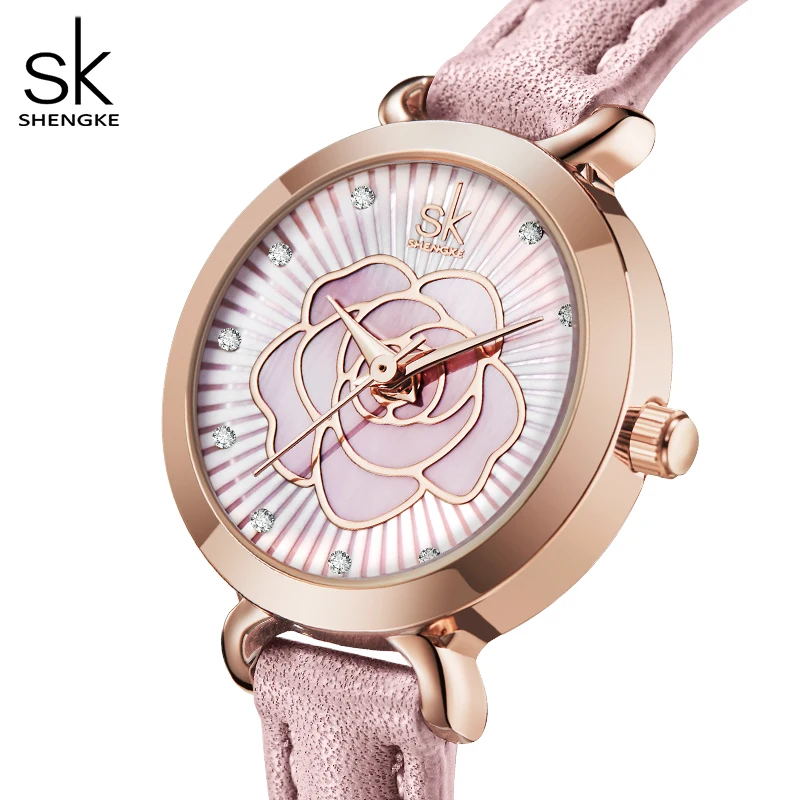 SHENGKE New Ladies Watch Rose Flower Dial Quality Leather Band waterproof Quartz Watches Custom Logo Watch Wholesale
