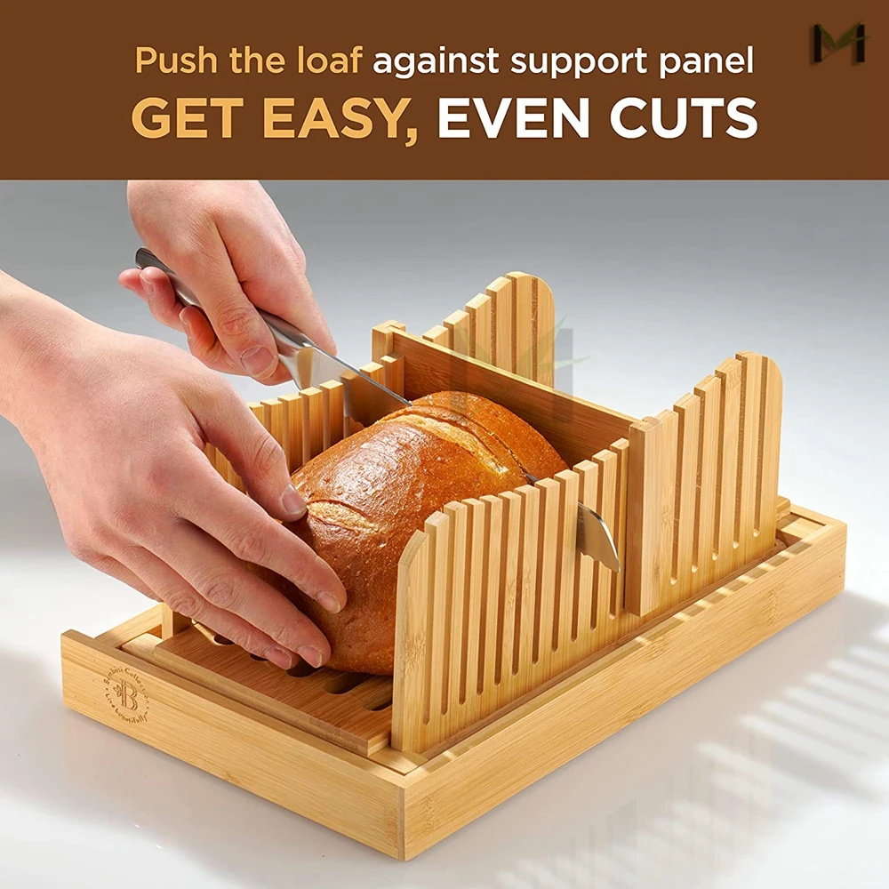 Amazon Top Seller Wholesale Premium Bamboo Bread Slicer with Knife and Crumb Catcher Tray