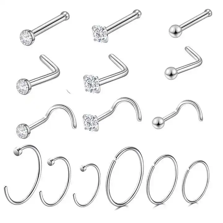 Custom Titanium Steel L-Shaped Flower Combination Nose Stud Set Classic Curved Rod S Rod Inlaid Zircon Nose
