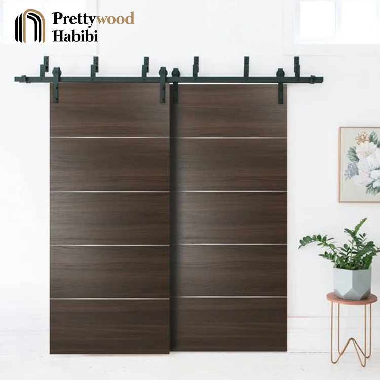 Modern American Walnut Veneer Flush Design Interior Double Sliding Entry Barn Doors