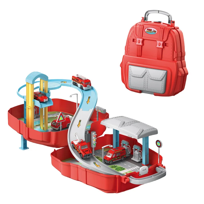 DIY Puzzle Engineering Fire Police Car Racing Set Parking Lot Backpacks Toys Educational Pretend Play Toys