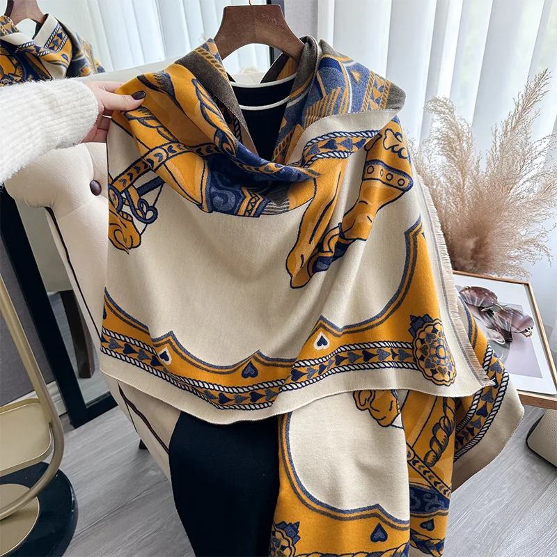 Autumn and winter double-sided landscape painting war horse printing warm shawl fashion warm faux cashmere scarf
