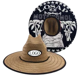 Factory Customized Underbrim Printing Fashion Travel Vacation Fashion Lifeguard Straw Hat Seaside Beach Brim Hollow Straw Hat