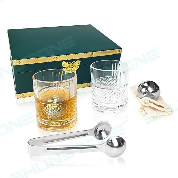 SHUNSTONE Stainless Steel Whiskey Chilling Stones Ball Rotating Whiskey Glasses Set Premium Green Leather Gift Box